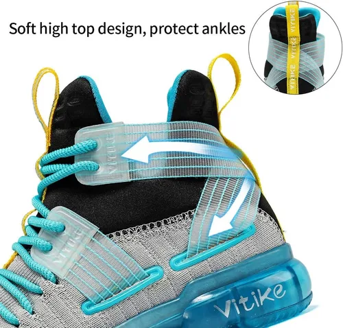 Vista 4 de VITUOFLY Zapatos de baloncesto para niños, con cámara de aire, para niñas, con aros de media parte superior, antideslizantes, para deportes al aire
