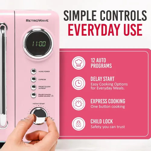 Vista 3 de Nostalgia Horno microondas para encimera con interior fácil de limpiar, microondas retro con pantalla LED y bloqueo para niños, horno compacto