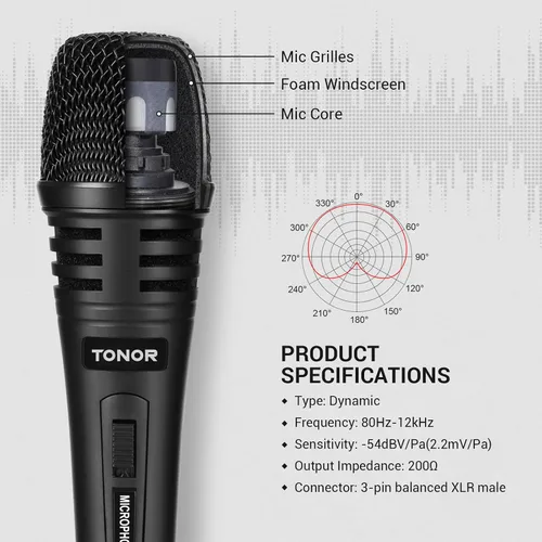 Vista 3 de TONOR Micrófono vocal K1 para cantar, micrófono de karaoke dinámico de mano con cable, microfono con cable XLR de 5 M a 1/4 pulgadas, compatible