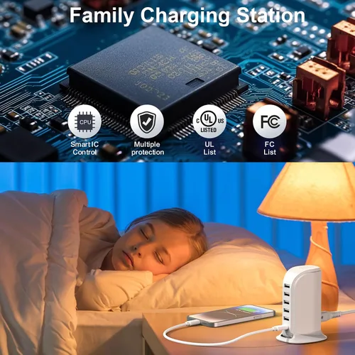 Vista 7 de Estación de carga para múltiples dispositivos Upoy, torre de hub USB multi con 5 USB+1 puertos tipo C, bloque de cargador USB C de carga rápida