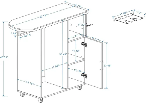 Vista 7 de Tabla de planchar rodante con gabinete de almacenamiento, gabinete de planchado de madera multiusos con ruedas, mesa de planchar con esponja