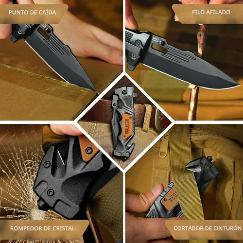 Vista 6 de NedFoss - Cuchillo plegable de bolsillo DA75, cuchillo de bolsillo 3 en 1 para hombres, cuchillo de supervivencia con cierre de forro de cinturón