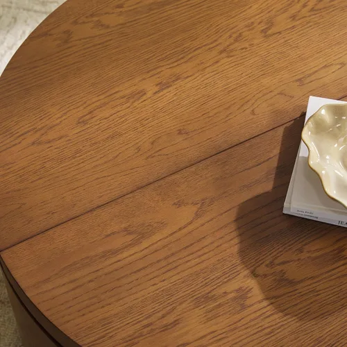Vista 4 de Walker Edison Maya Moderna mesa auxiliar de madera de roble macizo con almacenamiento, 36 pulgadas, roble marrón medio