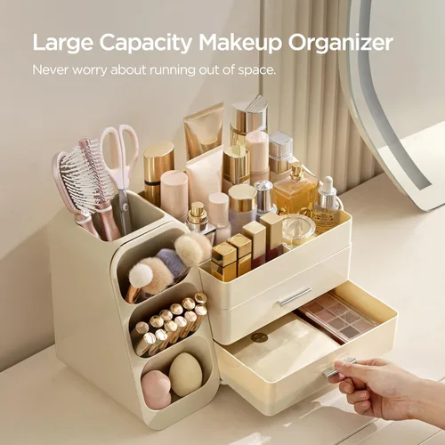 Vista 2 de HBlife Organizador de maquillaje con soporte para brochas para tocador, organizador grande de plástico para tocador de baño, almacenamiento