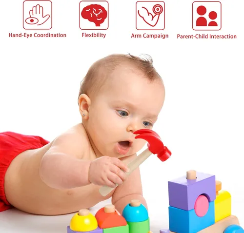 Vista 4 de Martillo de juguete de simulación de martillos de madera, martillo pequeño de plástico para niños pequeños, herramientas de mantenimiento portátiles