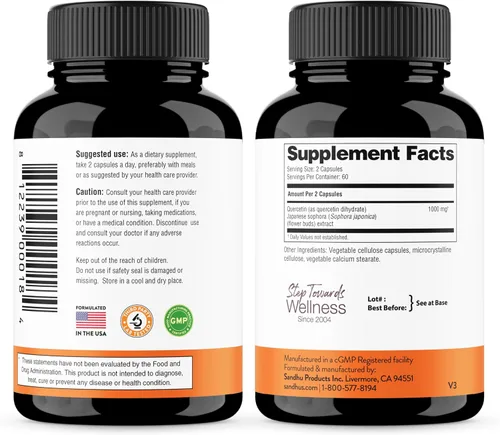 Vista 3 de Sandhu's Quercetina 1000 mg y quercetina con bromelina 1000 mg por porción Complejo de suplementos de bioflavonoides Apoya la salud inmunológica