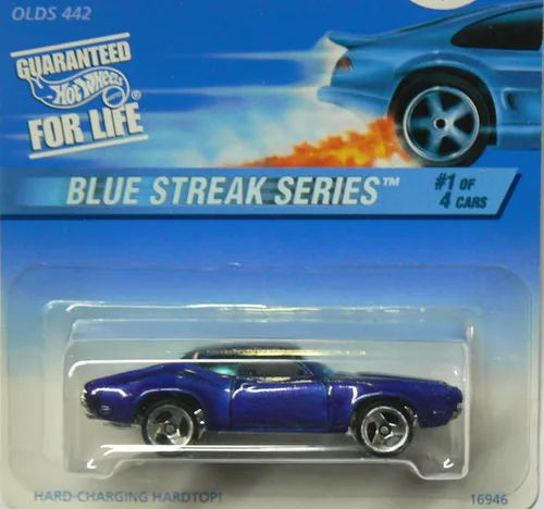 Vista 2 de Hot Wheels Mattel 1997 Blue Streak Series 1:64 Escala Blue Olds 442 Die Cast Car 1/4