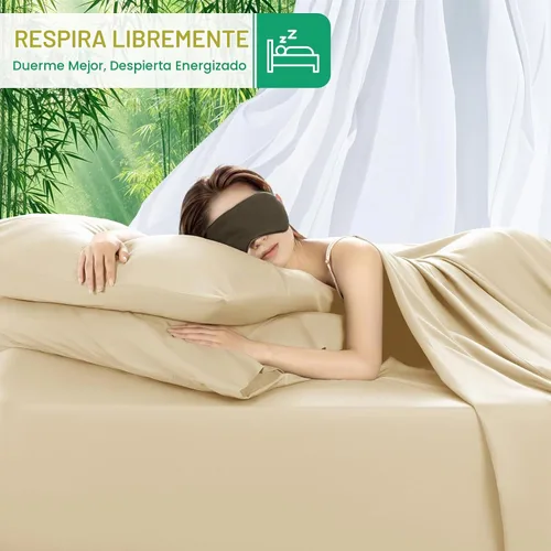 Vista 6 de SONORO KATE Sábanas 100% viscosa derivada de bambú tamaño matrimonial, sábanas ultra transpirables y refrescantes para personas que duermen con Beige