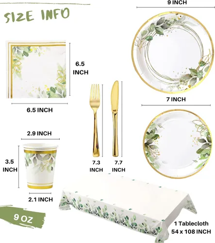 Vista 7 de Platos y servilletas de vegetación para fiesta - Sirve para 16 - Platos verdes, tazas de fiesta, cuchillos, tenedores, tema de vegetación para baby