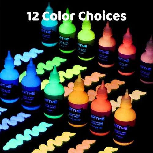 Vista 2 de Artme Pintura que brilla en la oscuridad, juego de 12 colores brillantes de 1.0 fl oz/1 oz, fluorescente brillante de larga duración, perfecta