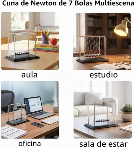 Vista 5 de Bolas de equilibrio grandes de Newton Cradle con 7 bolas de ciencia física, decoración de escritorio para oficina en casa