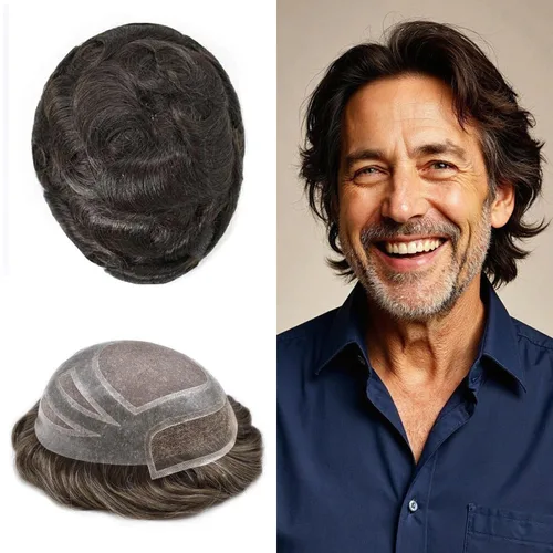 Vista 34 de Toupee - Piezas de pelo para hombres, cabello humano real, sistema de reemplazo de cabello francés, encaje francés, extensiones de cabello