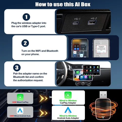 Vista 4 de CAMECHO Adaptador inalámbrico 2 en 1 para automóvil CarPlay Android Auto, adaptador inalámbrico Apple Car Play Android Auto, adaptador CarPlay