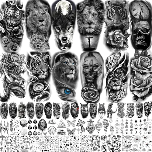 Vista 8 de 49 hojas de tatuajes temporales tribales negros para mujeres, hombres, adultos, brazo, cuerpo, de larga duración, lobo maorí, tigre, león, guerrero