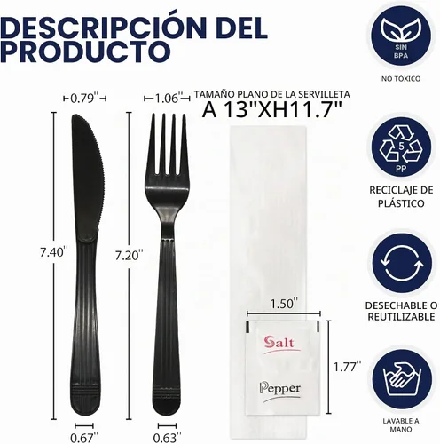 Vista 2 de Party Essentials Juego de utensilios de plástico negro envueltos individualmente/paquetes de cubiertos resistentes