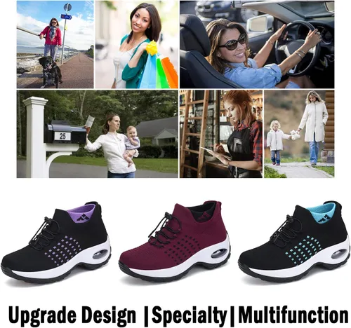 Vista 7 de Tenis estilo calcetines para caminar, de mujer, acolchado con malla, cámara de aire, cómoda cuña, calzado confortable, tipo mocasines de plataforma