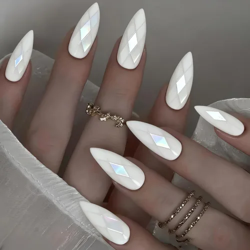 Vista 2 de Uñas postizas a presión medianas con diseño geométrico blanco almendra – 24 uñas postizas reutilizables de ABS brillante, fácil de aplicar, juego
