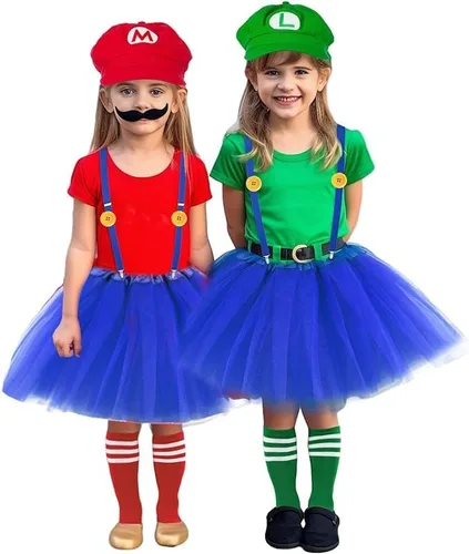 Vista 8 de Disfraz de Mary y Luigi para adultos, niños, sombreros rojos y verdes de Super Bros, bigote, guantes, calcetines, vestido azul, accesorios