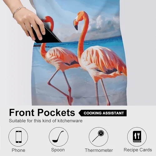 Vista 5 de MUSM Pink Flamingo on Beach Apron，Classic Vintage Funny with Pockets Aprons,Adjustable Bib Waterdrop Resistant for Kitchen Cooking Restaurant BBQ