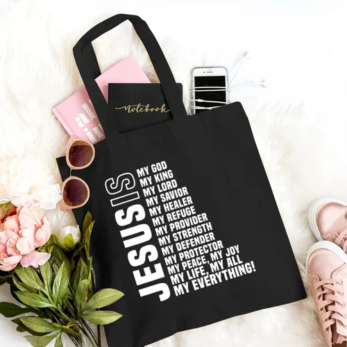 Vista 2 de Bolsa de lona cristiana con texto en inglés «Jesus is My Everything» para mujer, divertida bolsa de compras reutilizable con versículo bíblico