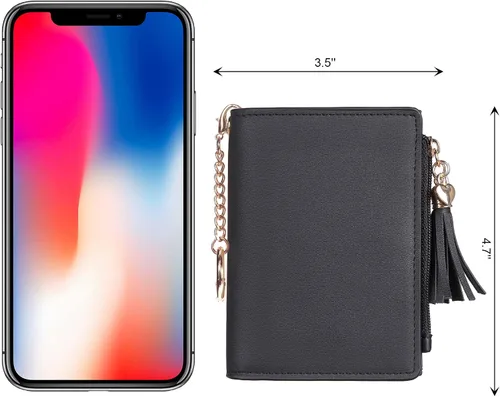 Vista 3 de Gostwo Mini monedero delgado plegable para mujer con borla y bolsillo con cremallera para monedas, Negro con llavero, Moda
