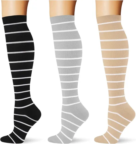 Vista 51 de (3 pares) Calcetines de compresión 20-30 mmHg, calcetines largos hasta la rodilla para mujeres y hombres, soporte atlético, para viajes y uso diario