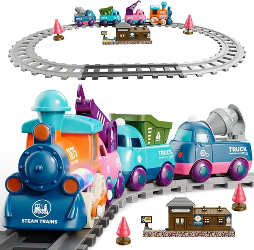 Vista 2 de Lipneaed Regalos de primer cumpleaños para niños, paquete de 2 autos de bebé, juguetes eléctricos de tren de música y tren de vapor con pistas