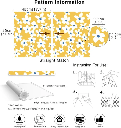 Vista 5 de HAOKHOME Papel Tapiz Amarillo Despegar y Pegar Floral Amarillo/Blanco/Azul Papel de Pared Removible para Dormitorio Baño Papel de Contacto Adhesivo