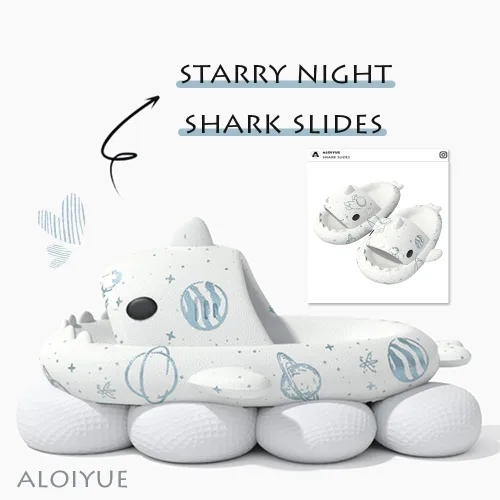 Vista 2 de Aloiyue Sandalias de tiburón para verano, lindas pantuflas de tiburón de dibujos animados para mujeres y hombres, antideslizantes, puntera abierta