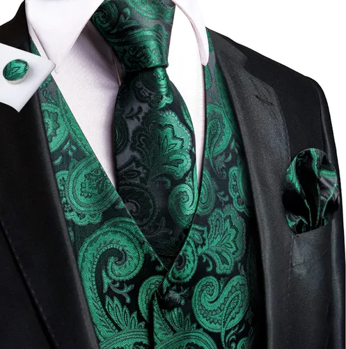 Vista 2 de Hi-Tie Chaleco de traje para hombre, conjunto de corbata con alfiler de solapa o clip de corbata, chaleco de seda, pañuelo para boda, esmoquin formal