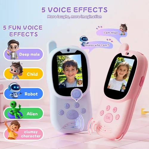Vista 6 de Walkie Talkies de video para niños con cámara y video chat, largo alcance 1000 pies, recargable, Walkie Talkie para niños con filtros de calcomanías