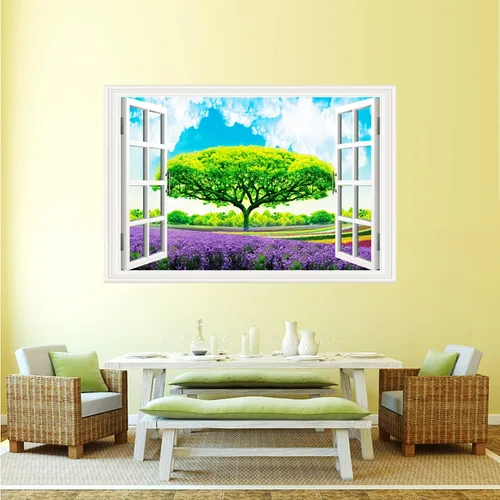 Vista 3 de Pintura autoadhesiva 3D, calcomanías de pared falsas para ventana, isla tropical con palmeras, mural de pared, vista de ventana, decoración de pared
