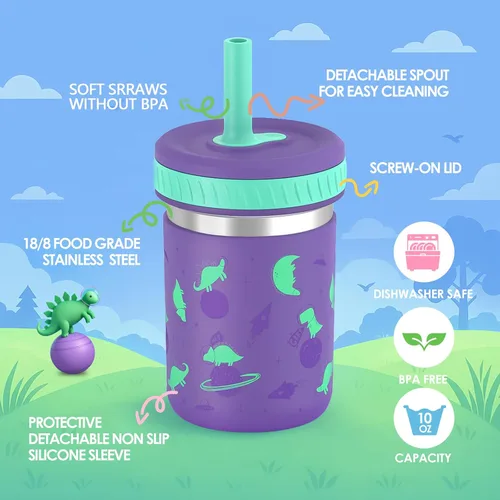 Vista 2 de Sursip Vasos para niños pequeños con tapas y pajitas, vaso de acero inoxidable a prueba de derrames, para beber, batidos, aperitivos, leche sin BPA