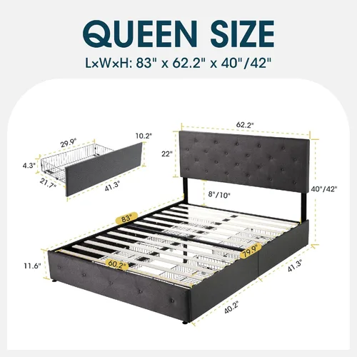 Vista 2 de WEEWAY Base de cama de plataforma tamaño Queen con 4 cajones de almacenamiento, cabecera capitonada con botones de costura de diamante, base de Gris