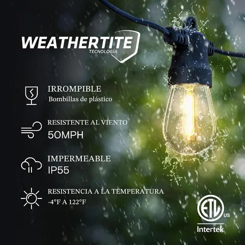 Vista 2 de Brightech Ambience Pro - Guirnalda de luces LED impermeables para exteriores con energía solar – Luces de patio de grado comercial con bombillas