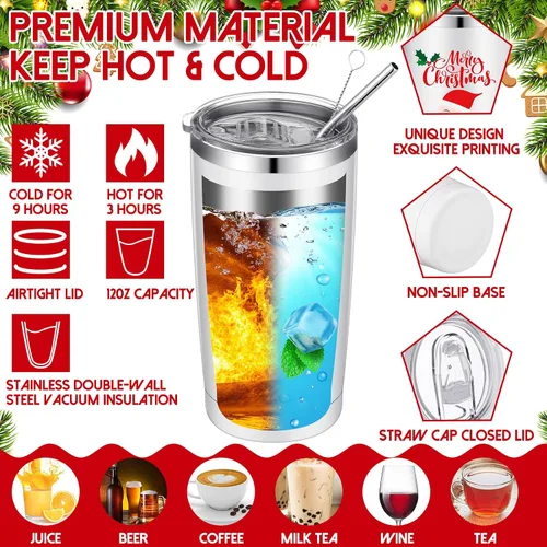 Vista 3 de 12 Piezas Vasos Navideños de Regalo 20oz Vaso de Viaje Navideño Taza Navideña de Acero Inoxidable Aislado Taza de Café con Tapa y Pajita para Regalo