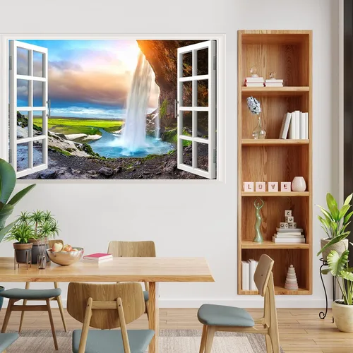 Vista 6 de Calcomanías de pared falsas 3D de cascada de bosque, mural de montaña natural, calcomanías de pared para sala de estar, dormitorio, comedor
