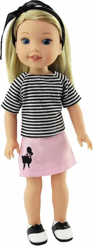 Vista 2 de American Fashion World Traje de caniche inspirado en los años 50 de color rosa claro para muñecas de 14 pulgadas Juego de 4 piezas Calidad