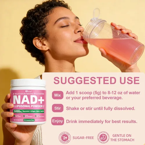 Vista 8 de Suplementos NAD para mujeres 5000 mg, polvo liposomal NAD+ con resveratrol, péptidos de colágeno, biotina, CoQ10 y TMG para un envejecimiento