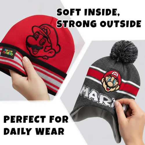 Vista 4 de Nintendo Super Mario Bros. Gorro de invierno para niños, paquete de 2 gorros Super Mario Pom Pom (4-7), talla 4-7, edad 4-7