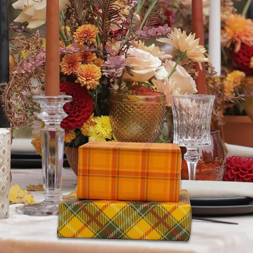 Vista 7 de Whaline 60 hojas de papel de seda a cuadros retro naranja marrón a cuadros decorativos para otoño, fiesta de Acción de Gracias, manualidades, 14 x