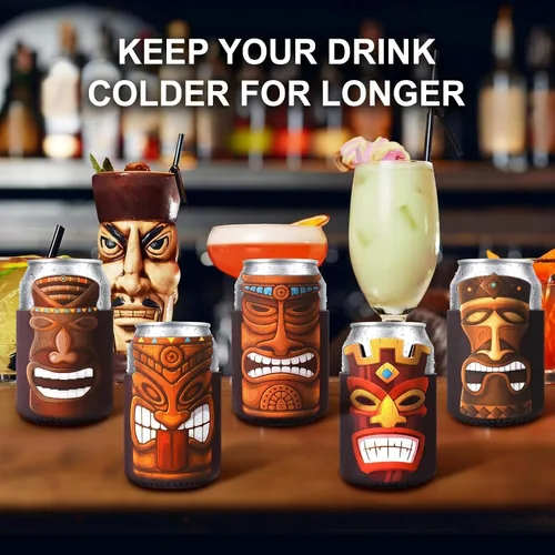 Vista 4 de Tarpop 16 fundas para latas de cerveza Tiki Party con aislamiento a granel, de neopreno, Luau Soda para bebidas de cerveza, funda para botella