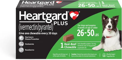 Vista 11 de HEARTGARD® Plus (ivermectina/pirantel) Masticables de Carne de Res Real para Perros de 26-50 libras (Caja Verde) Suministro de 6 Meses