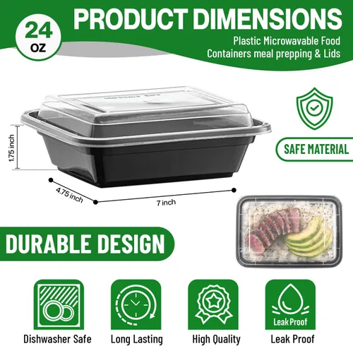 Vista 2 de Recipientes de alimentos con tapas, cajas Bento, recipientes de almacenamiento de alimentos (24 onzas, negro, 50 unidades, plástico)
