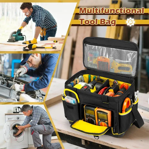 Vista 7 de Marscamd Bolsa de herramientas de 16 pulgadas con parte inferior dura y un divisor desmontable, bolsa de herramientas resistente con múltiples