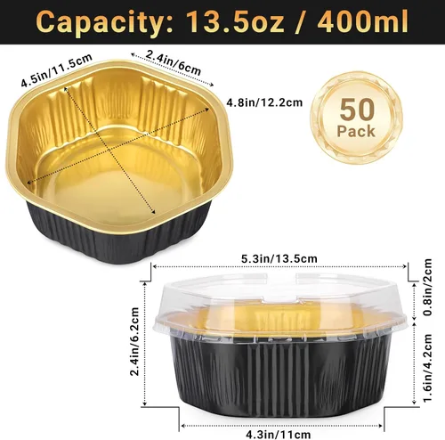 Vista 2 de Beasea Tazas desechables para hornear con tapas, juego de 50 unidades, 13.5 oz 400 ml, ramekins de aluminio con tapa de papel de aluminio, moldes