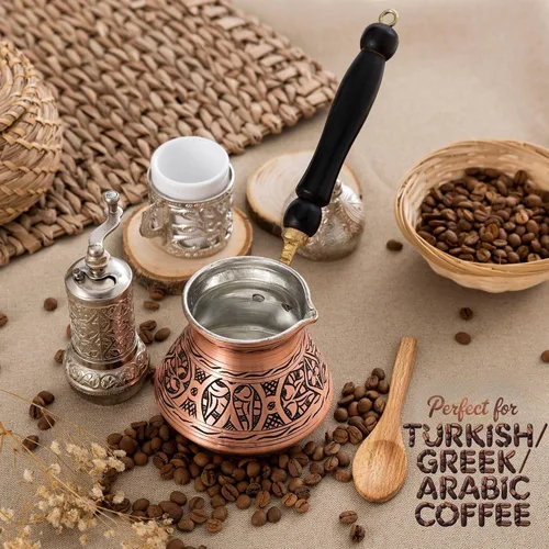 Vista 6 de Cafetera turca griega árabe de cobre de 12 onzas con mango de madera (4 tazas), Cezve, Ibrik, cafetera griega Briki, cafetera turca martillada
