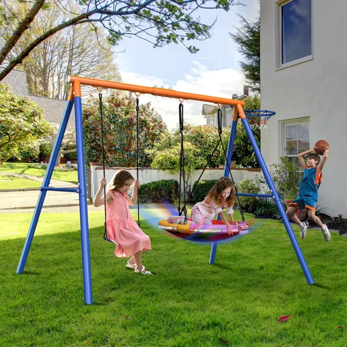 Vista 8 de Juego de columpios 3 en 1 con columpio de disco volador para patio trasero, juegos de 440 libras para patio trasero, juego de columpios para niños