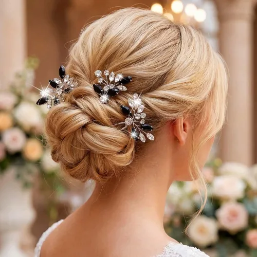 Vista 5 de Unicra Horquillas para el pelo de cristal negro plateado con diamantes de imitación, piezas de pelo de novia, accesorios para novias y mujeres