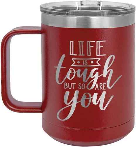 Vista 15 de LIFE IS TOUGH BUT SO ARE YOU Negro Taza de café de 15 oz con tapa deslizante Taza de café de viaje aislada Ideas de regalos de cumpleaños